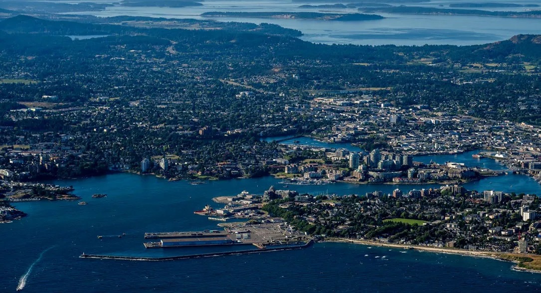 Aerial view of the Greater Victoria coastline and urban harbor area