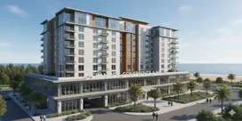 Rendering of a high-capacity conference hotel with extensive ground floor amenities