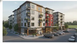 Rendering of a 3-6 storey wood-frame limited service midscale hotel