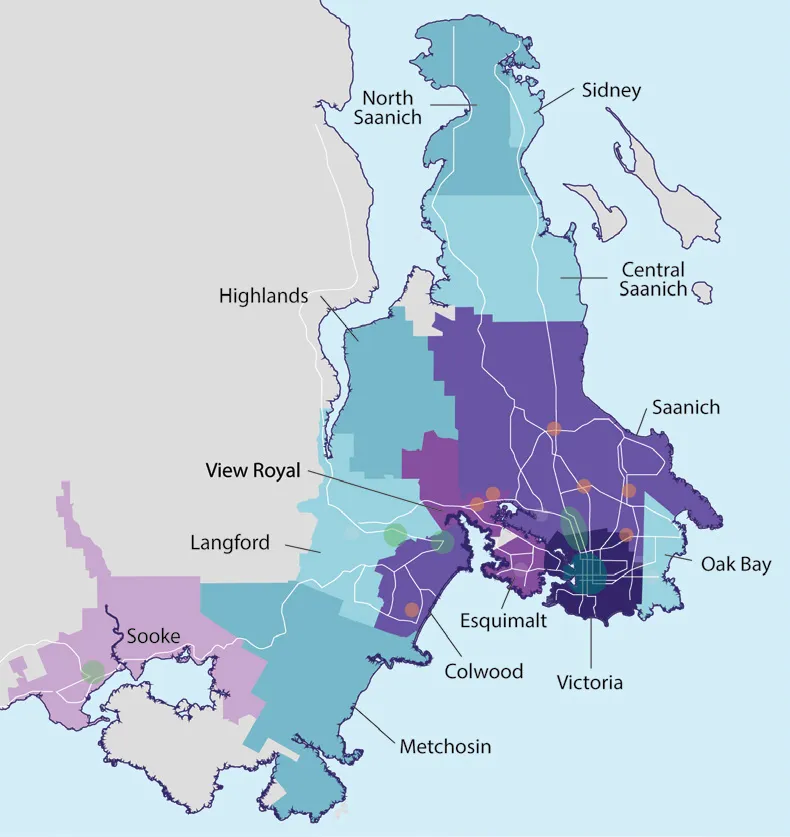 Map of Greater Victoria showing regions of high, moderate, and limited hotel density, along with Metropolitan, Subregional, and Local-serving nodes