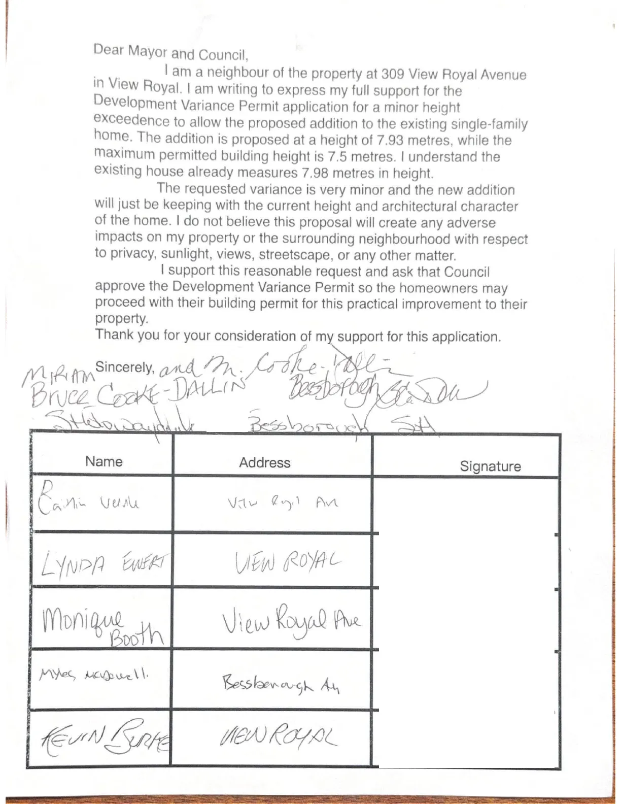 Duplicate letter of support with a petition table containing resident names and addresses
