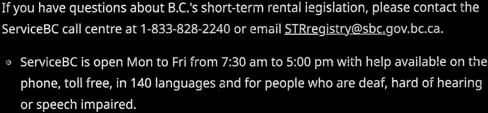 Contact details for ServiceBC