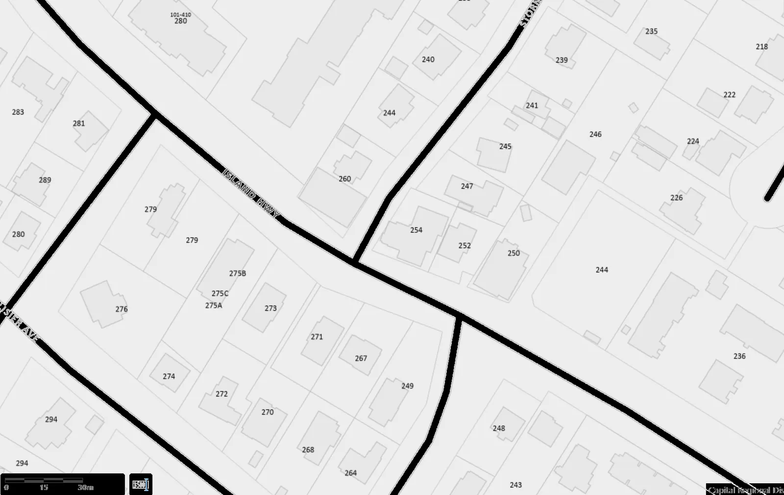 Site plan for Lot D, Plan 3026 showing the proposed 438.97 m² building footprint on a 608 m² lot at 254 Island Highway, including an off-loading space and energized parking stalls.