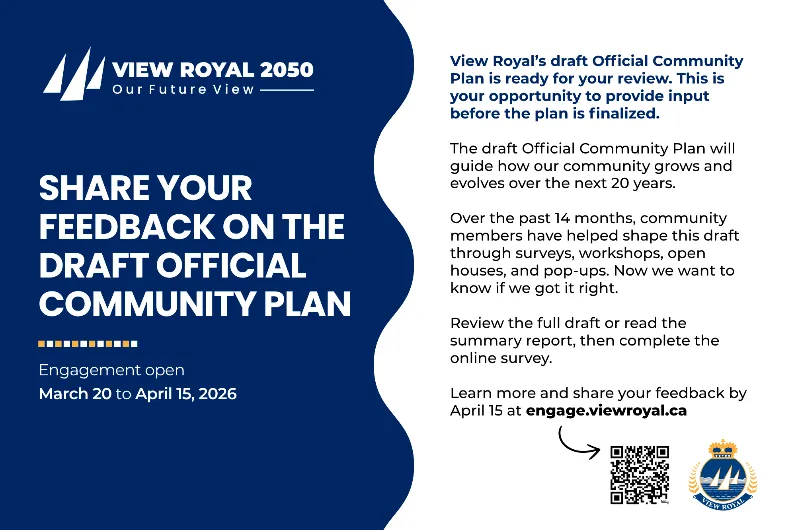 Image of the View Royal 2050 Postcard Mailout titled "SHARE YOUR FEEDBACK ON THE DRAFT OFFICIAL COMMUNITY PLAN".