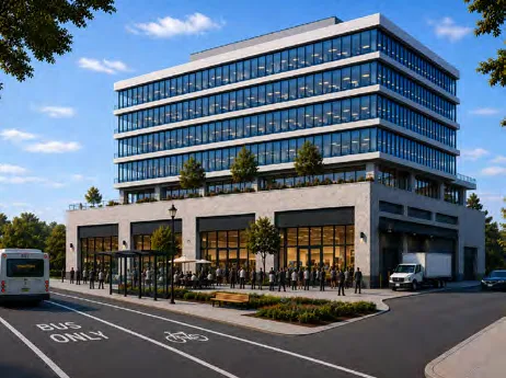 Rendering of a mixed 5-storey building comprising of industrial uses on the first two storeys and commercial office space on the upper storeys.