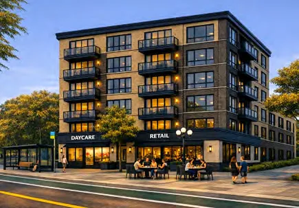 Diagram of building massing for a 6-storey mixed-use building with a Floor Space Ratio of 2.5 on a standard-sized lot in a Neighbourhood Village.