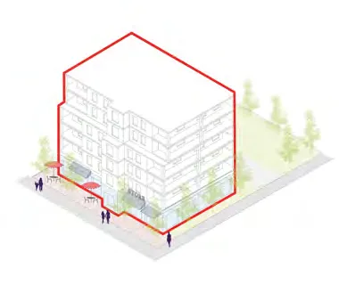 Diagram of building massing for a 6-storey mixed-use building with a Floor Space Ratio of 3.0 on a Neighbourhood Centre lot.