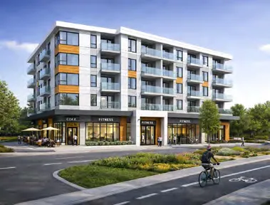 Rendering of a mixed 6-storey building combining ground floor commercial and civic uses with residential space on the upper storeys.