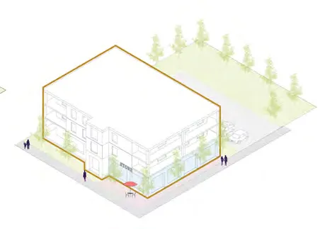 Rendering of a building combining local-serving ground floor commercial uses with apartments on the upper storeys under the Neighbourhood Mixed Use designation.