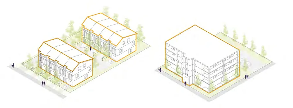 Rendering of a small 3-storey townhome development.