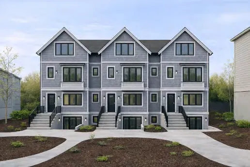 Diagrams of building massing for the Small-Scale Multi-Unit Housing designation on a standard-sized residential lot, depicting four townhouse units and a duplex with secondary suites.