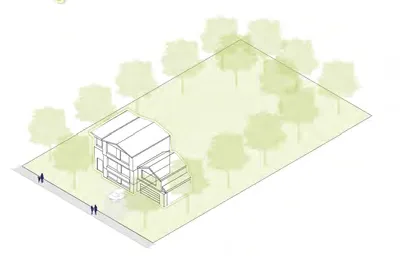 Diagram providing an example of building massing on a standard-sized rural lot, permitting up to two storeys and one unit per ten hectares.