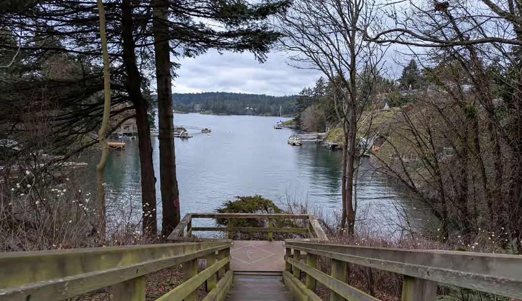 A wooden walkway leading down to a waterfront area with boats.