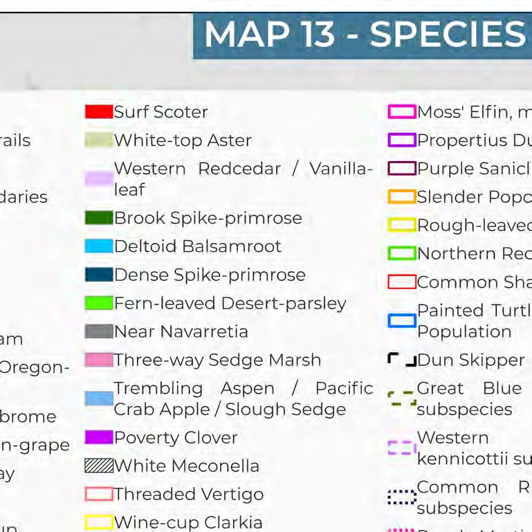 Map 13: Species at Risk - Northern part showing Thetis, Prior, Pike and McKenzie Lakes.