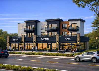 Rendering of a 6-storey residential building with a ground-floor daycare