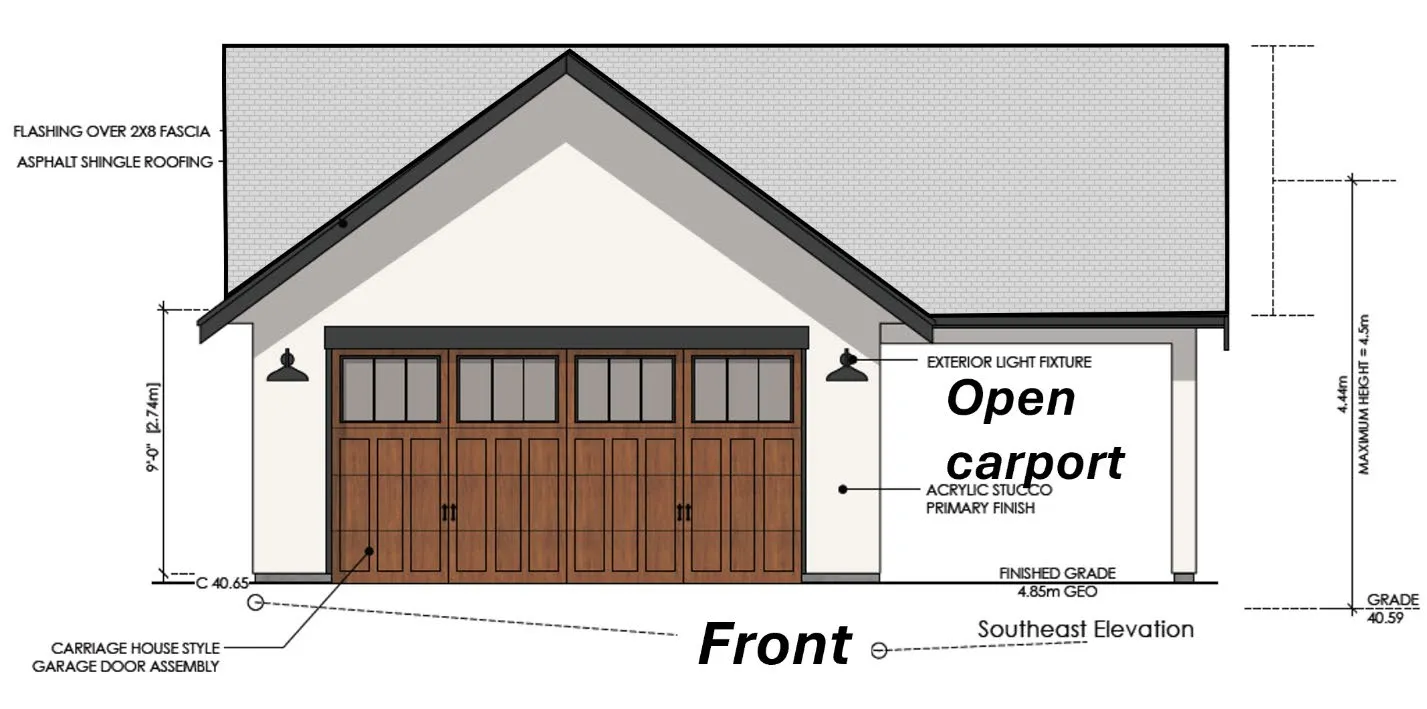 Architectural drawing of the east elevation of the proposed accessory building showing the garage door and open carport