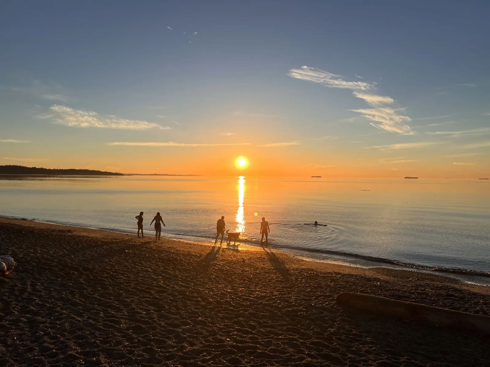 Silhouettes of people and a dog on a beach at sunset with the sun reflecting off the water