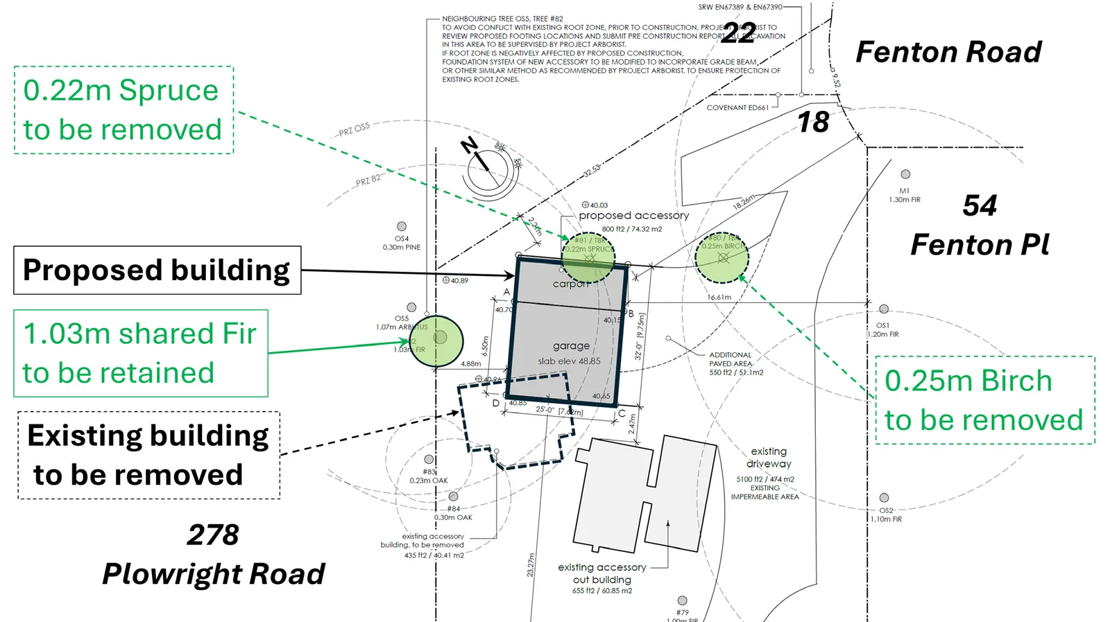 Partial site plan showing the location of the proposed building, existing building to be removed, and tree preservation details