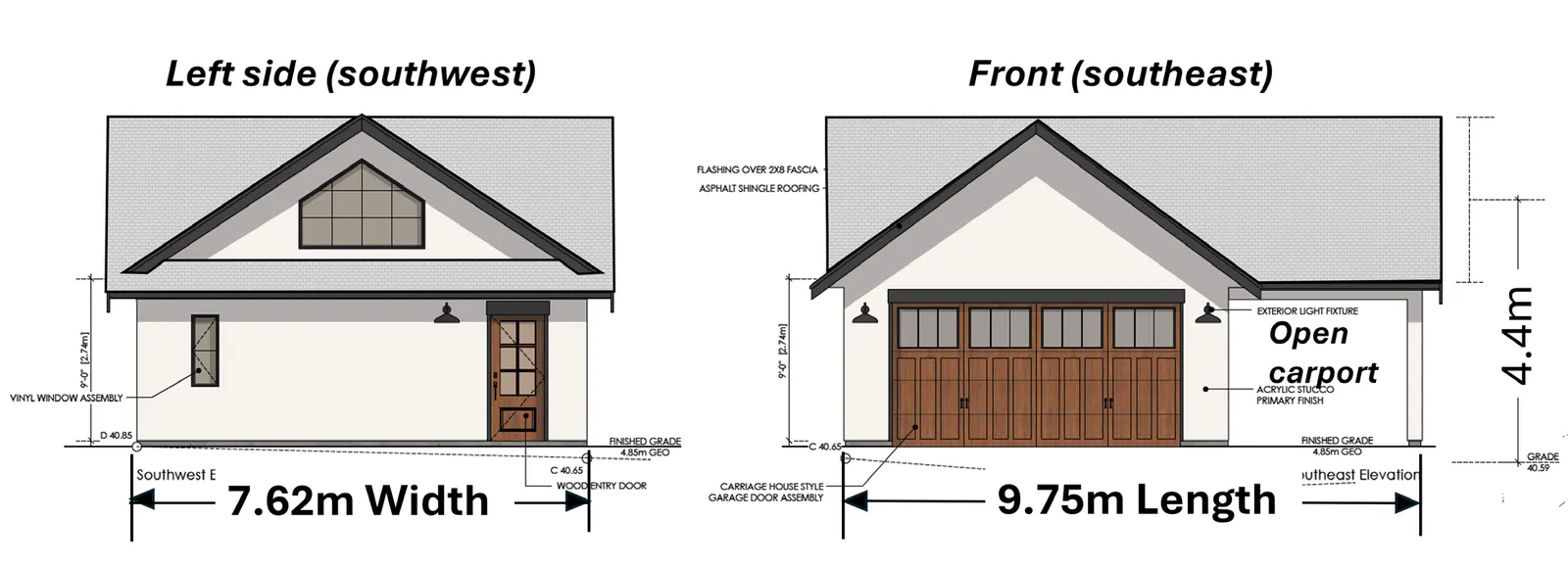Elevation drawings showing the side and front views of the proposed building with width and length dimensions