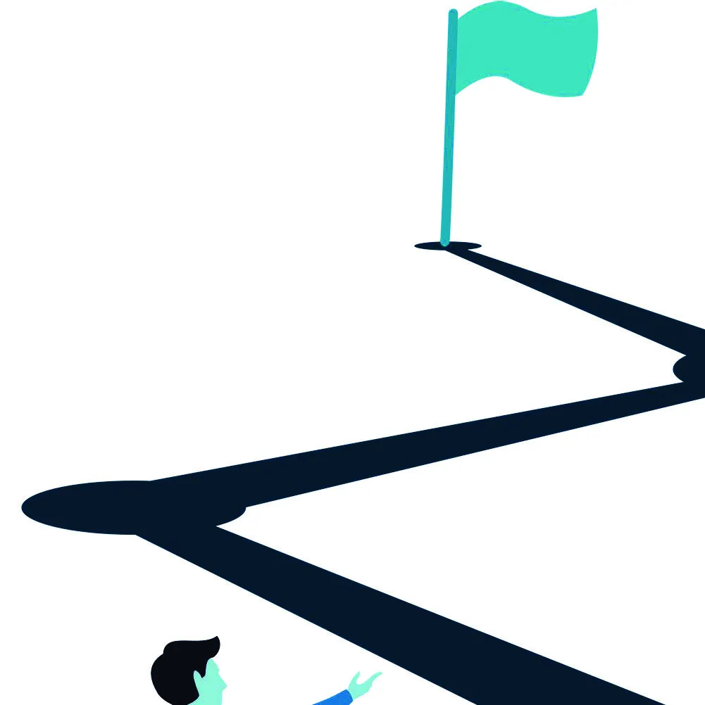 Top portion of a graphic showing a flag at the end of a winding path