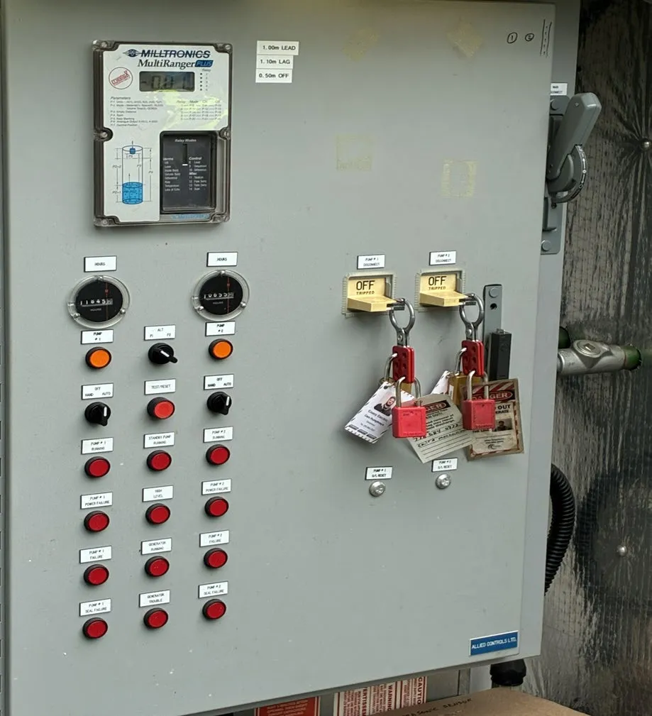 Lockout Tagout (LOTO) Safety precautions on electrical panel for pump station repairs and upgrades