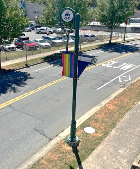 Pride-themed banners at Helmcken Road by View Royal Elementary School