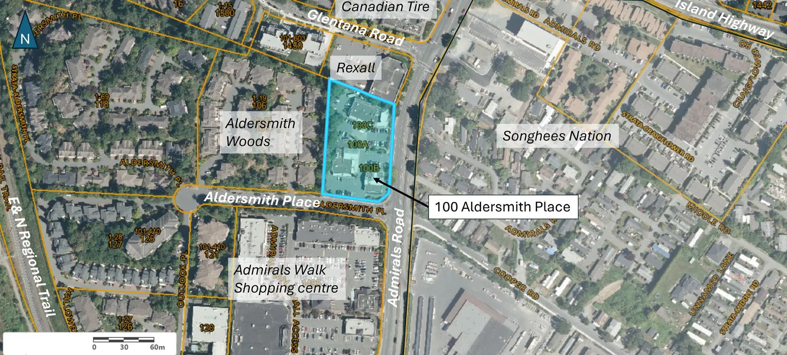 Aerial photo showing location context including 100 Aldersmith Place, Rexall, and Admirals Walk Shopping Centre