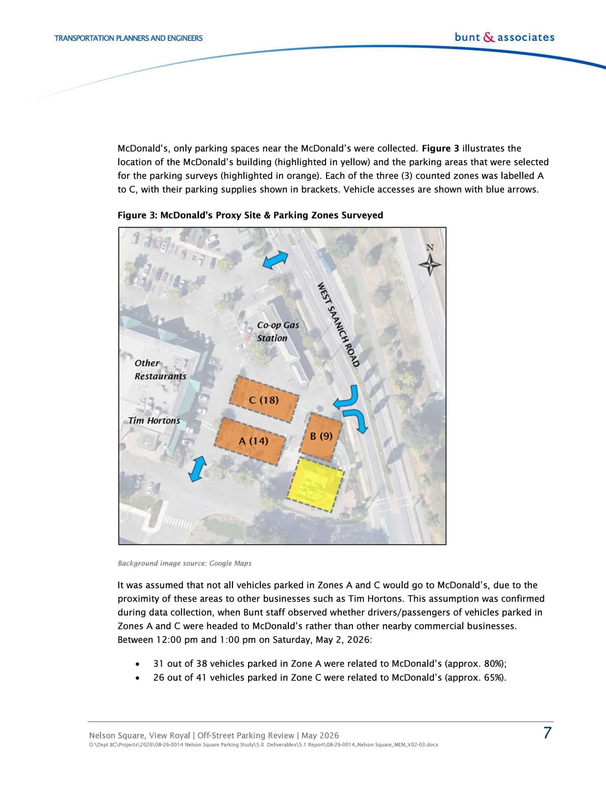 Figure 3: McDonald's Proxy Site & Parking Zones Surveyed aerial map showing Zones A, B, and C