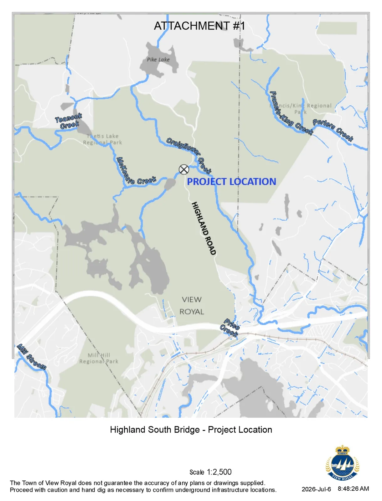 Map showing the project location for the Highland South Bridge on Highland Road where it crosses Craigflower Creek, with surrounding landmarks including Thetis Lake Regional Park, Pike Lake, and Mill Hill Regional Park.