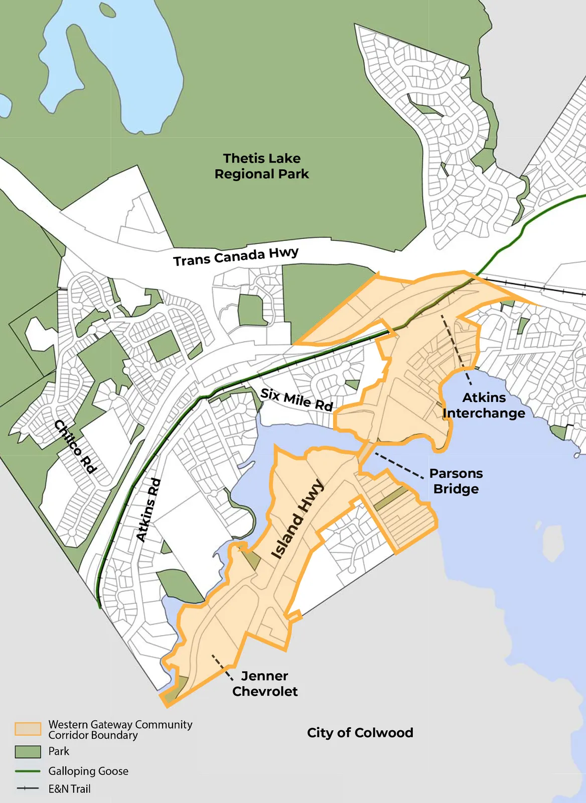 Map of the Western Gateway Corridor showing the corridor boundary, park land, the Galloping Goose trail, and E&N Trail