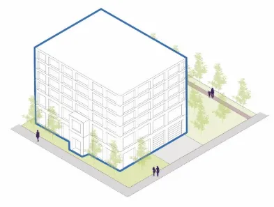 Isometric massing diagram of a 6-storey mixed employment use building