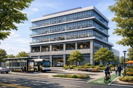 Rendering of a 5-storey mixed industrial and commercial office building with pedestrian and cycling facilities