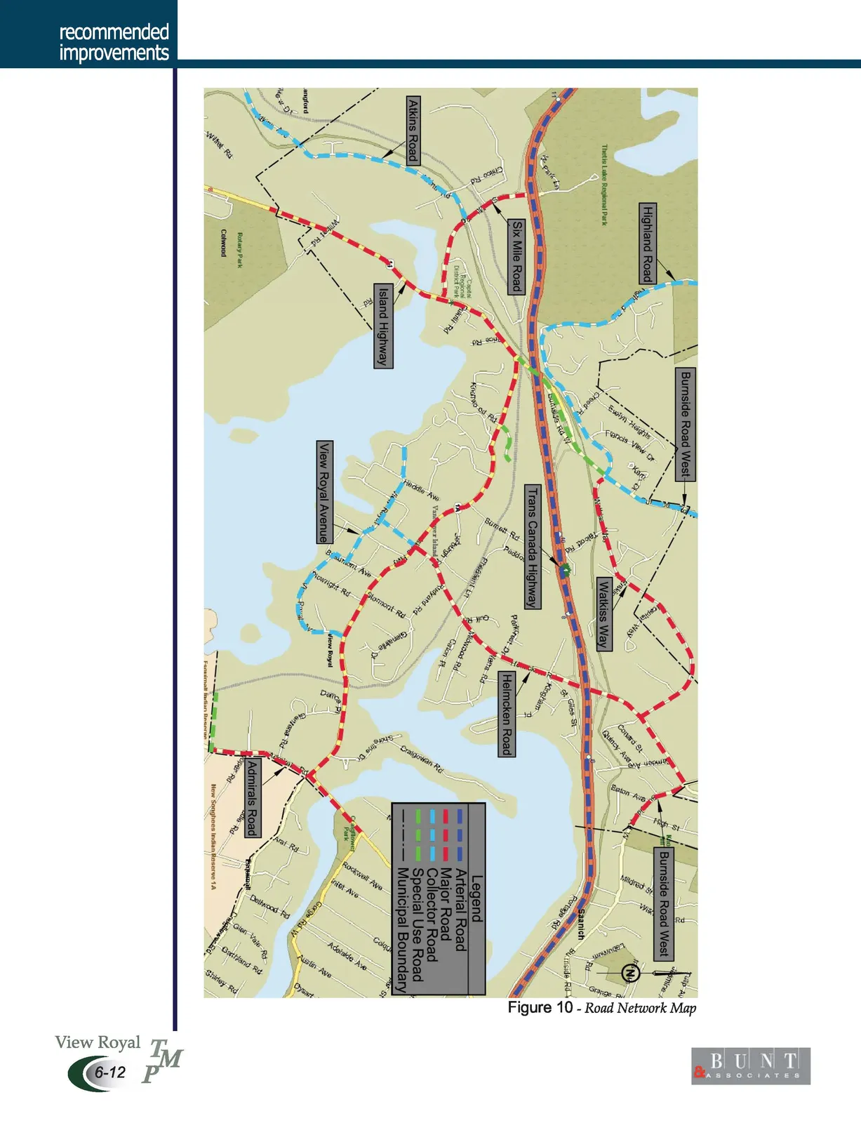 Road network map of View Royal showing arterial, major, collector, and special use roads