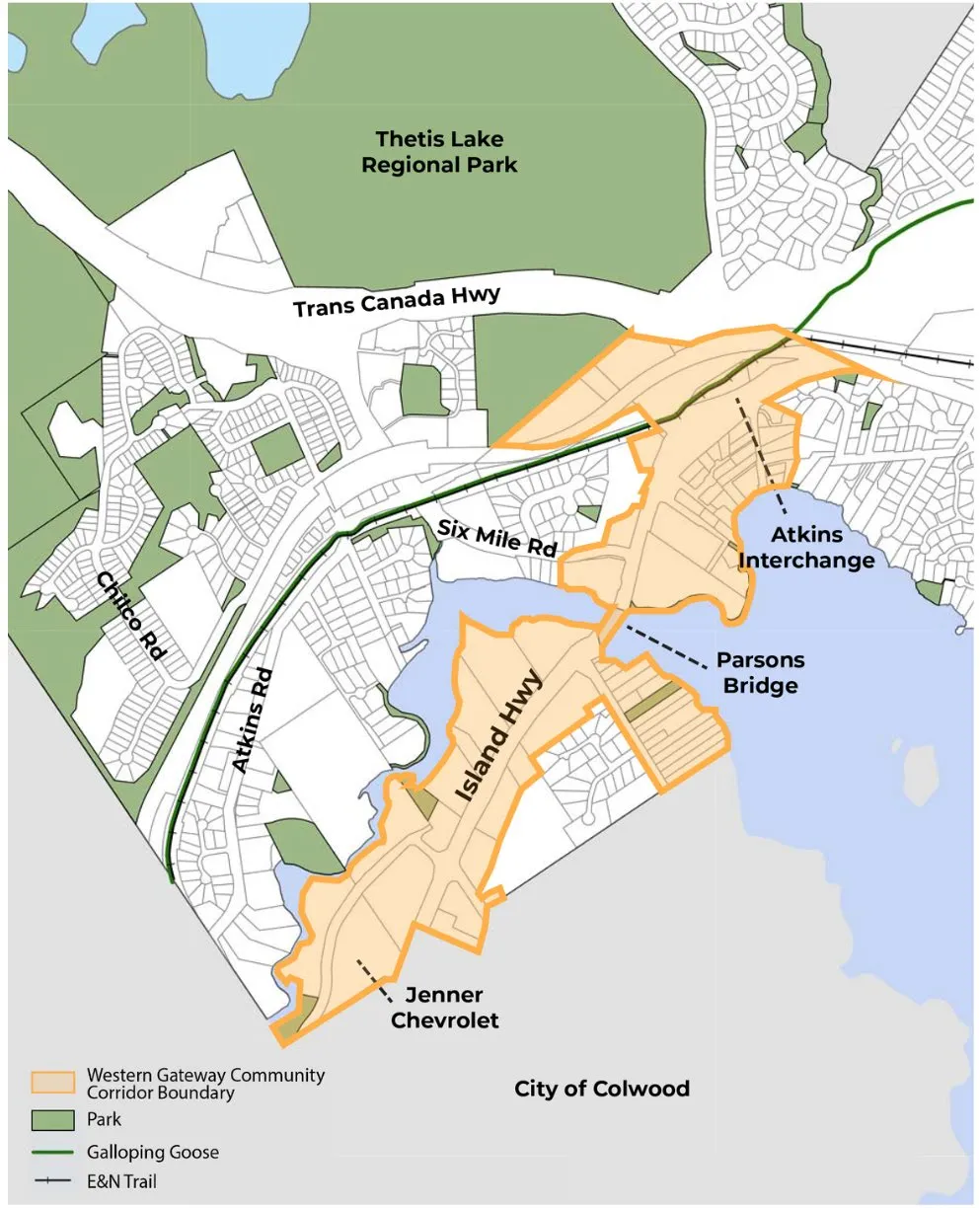 Map showing the Western Gateway Community Corridor Boundary and surrounding landmarks like Thetis Lake Regional Park and Island Highway