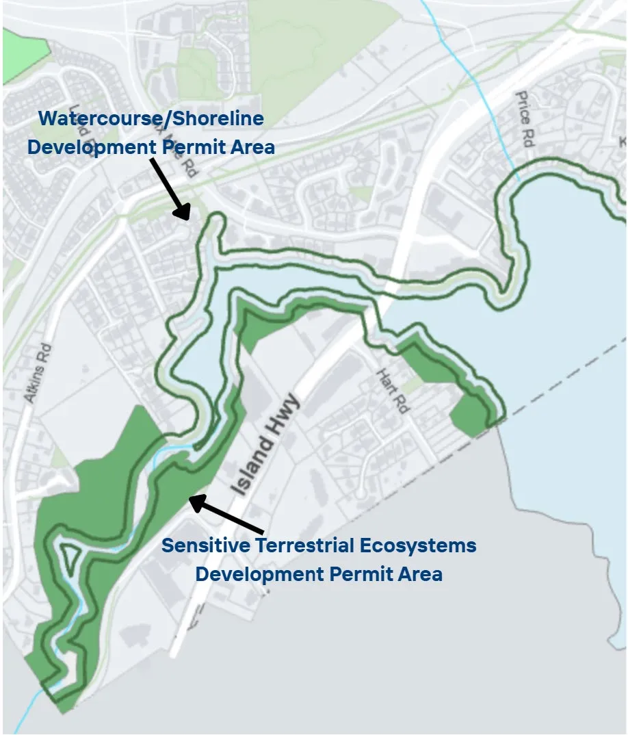 Map of existing environmental protection Development Permit Areas along the corridor's waterbodies