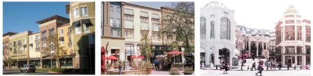 Examples of neighborhood center buildings with integrated commercial and residential spaces