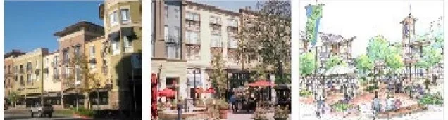 Examples and renderings of intensive mixed-use development concepts
