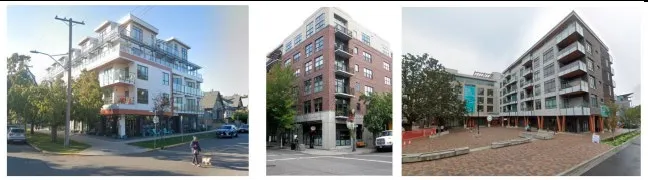 Examples of mixed-use buildings in a neighborhood village setting