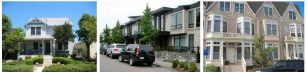 Photo of a modern two-story house with a grey and beige exterior