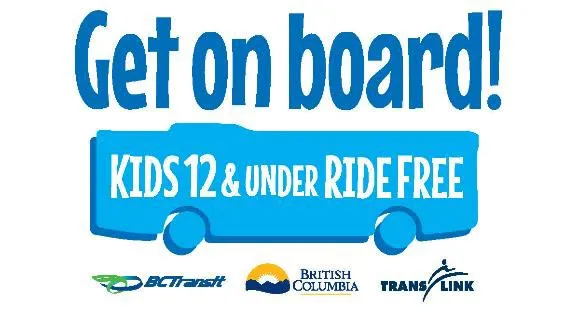 Promotional graphic stating "Get on board! KIDS 12 & UNDER RIDE FREE"
