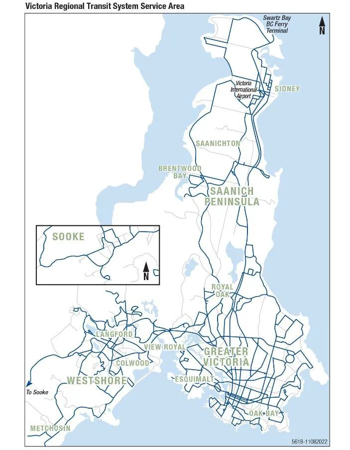 Map showing the Victoria Regional Transit System Service Area