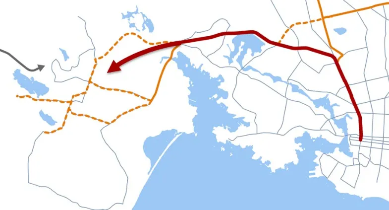 Map detail showing confirmed and candidate alignments for Higher Order Transit between Downtown Victoria and the West Shore