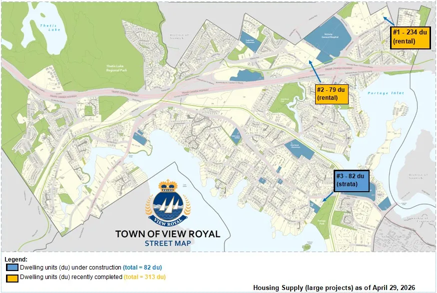 Town of View Royal Street Map identifying housing supply projects under construction and recently completed as of April 29, 2026