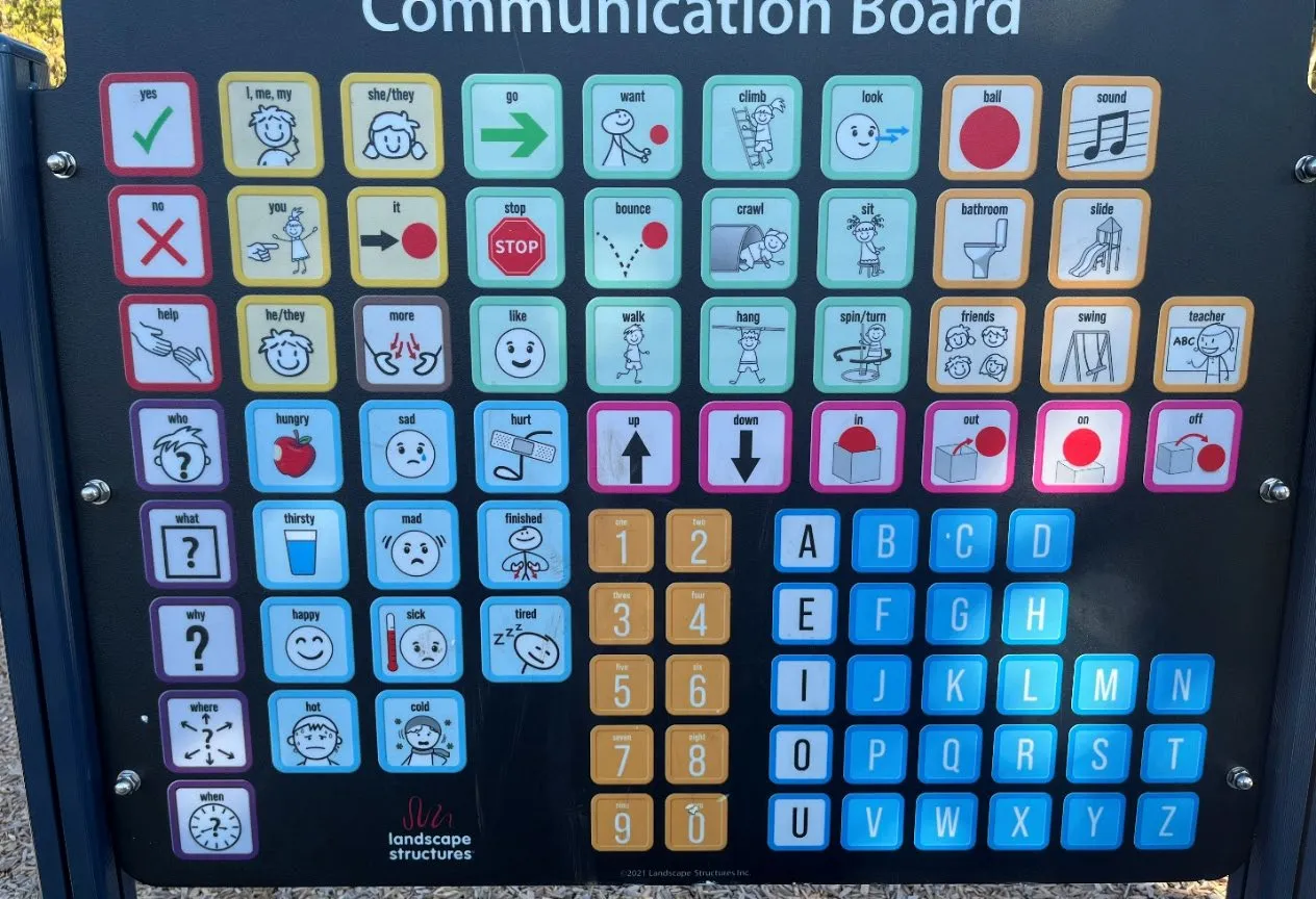 Example of a colorful playground communication board with various symbols and letters