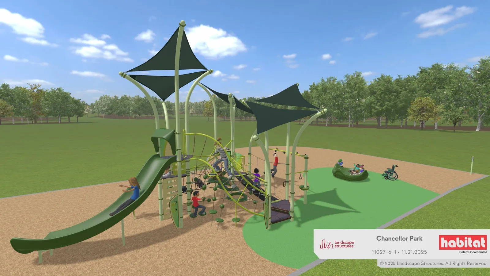 Rendering of playground Option 2(a) from the Galloping Goose Trail facing the park