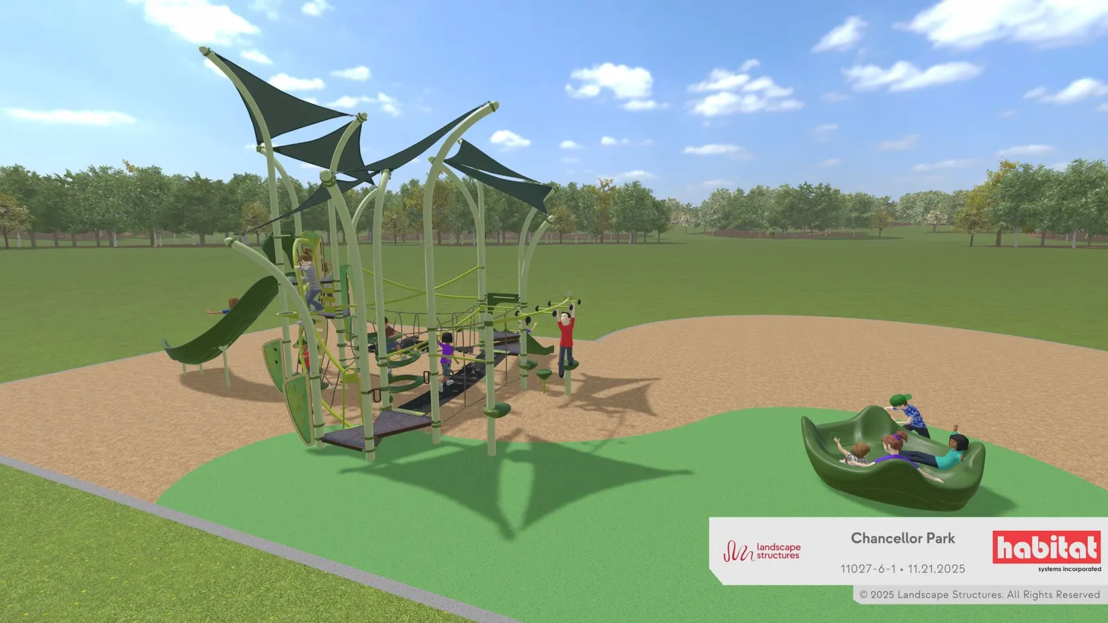 Alternate perspective rendering of playground Option 2(a) from the Galloping Goose Trail