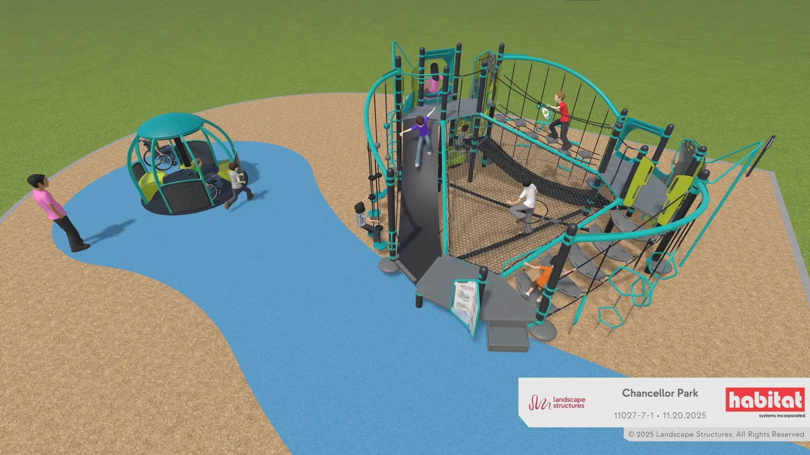 Overhead rendering of playground Option 3 facing eastwards towards the Galloping Goose Trail