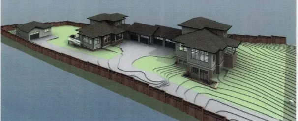 3D architectural rendering of the proposed duplex development including the landscaping and surrounding fence
