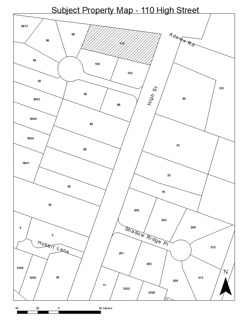 Cadastral map showing property lots in the vicinity of 110 High Street. Lot 110 is highlighted with diagonal hatching. The map includes surrounding streets: Adams Rd, High St, Shadow Ridge Pl, and Hobbit Lane. Various lot numbers are labeled, and a scale and north arrow are provided at the bottom.