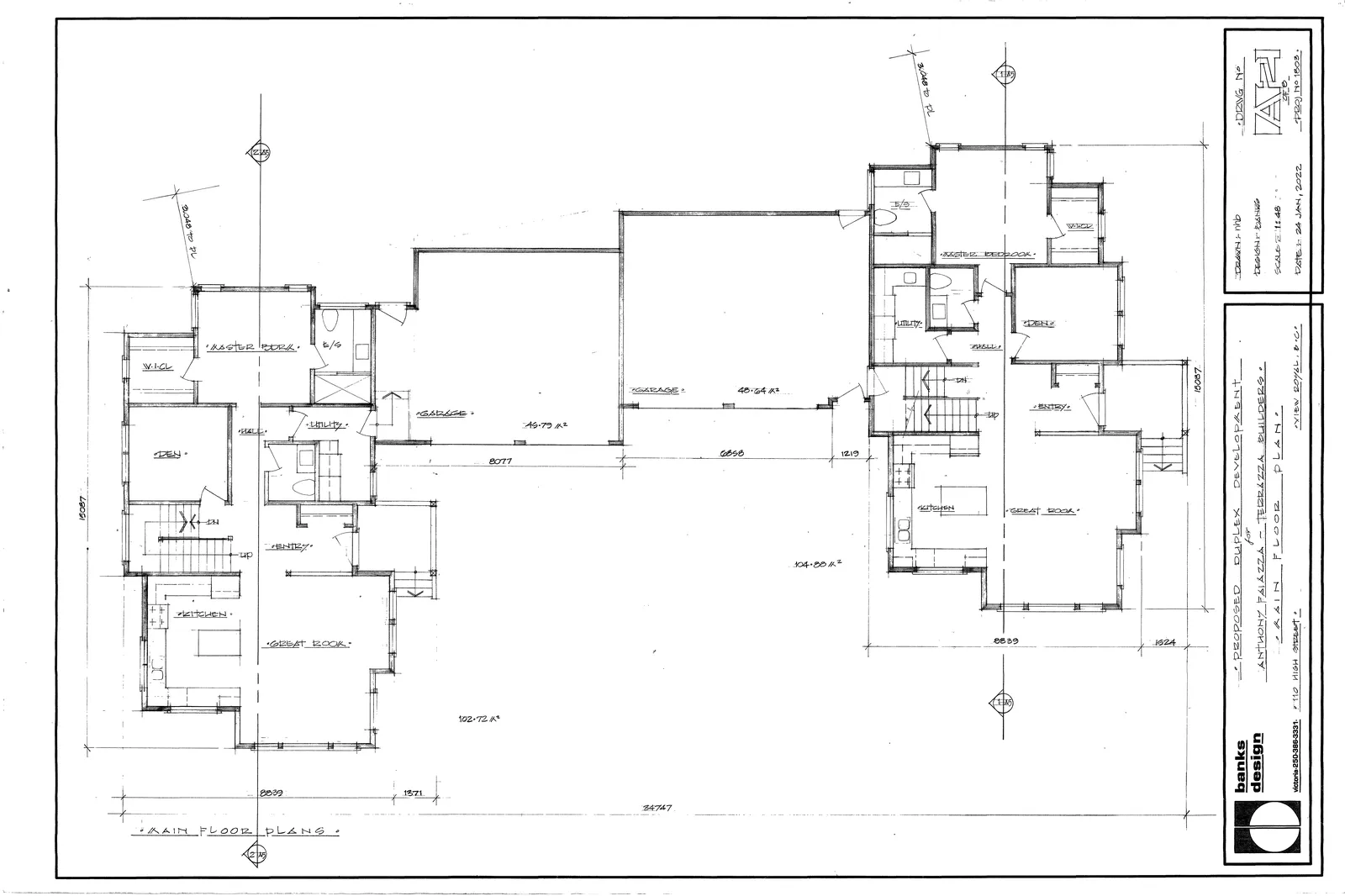 Detailed architectural floor plans for the main levels of both proposed duplex units, showing garages, entries, great rooms, kitchens, and master bedroom suites.